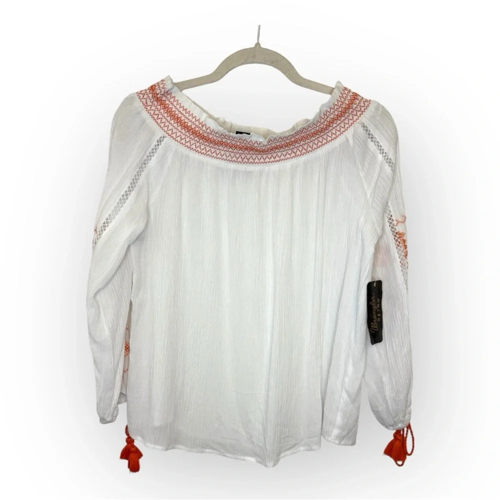 Wrangler Off Shoulder Boho Cowgirl Top White Embroidered Peasant Blouse Small